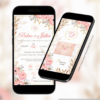 Convite digital interativo de casamento floral rosé com detalhes dourados, envelope digital e botões de confirmação de presença, localização e lista de presentes exibido no celular.