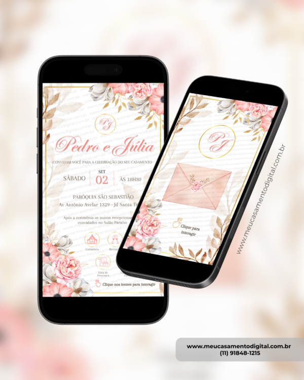 Convite digital interativo de casamento floral rosé com detalhes dourados, envelope digital e botões de confirmação de presença, localização e lista de presentes exibido no celular.
