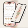 Convite digital interativo de casamento floral rosé com envelope digital e botões de localização, confirmação de presença e lista de presentes exibido no celular.