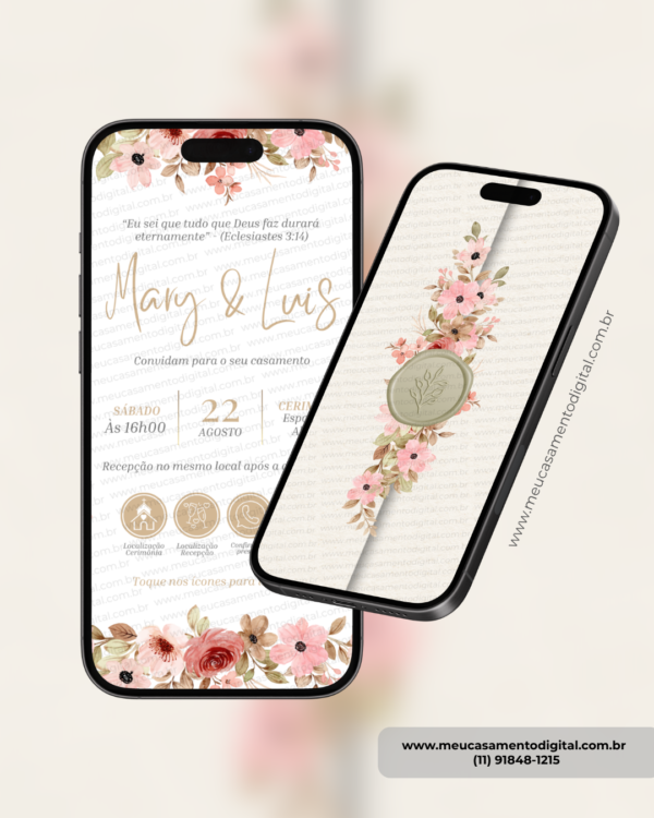 Convite digital interativo de casamento floral rosé com envelope digital e botões de localização, confirmação de presença e lista de presentes exibido no celular.