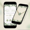 Convite digital interativo de casamento verde floral com envelope digital e botões de confirmação de presença e localização exibido em dois celulares.