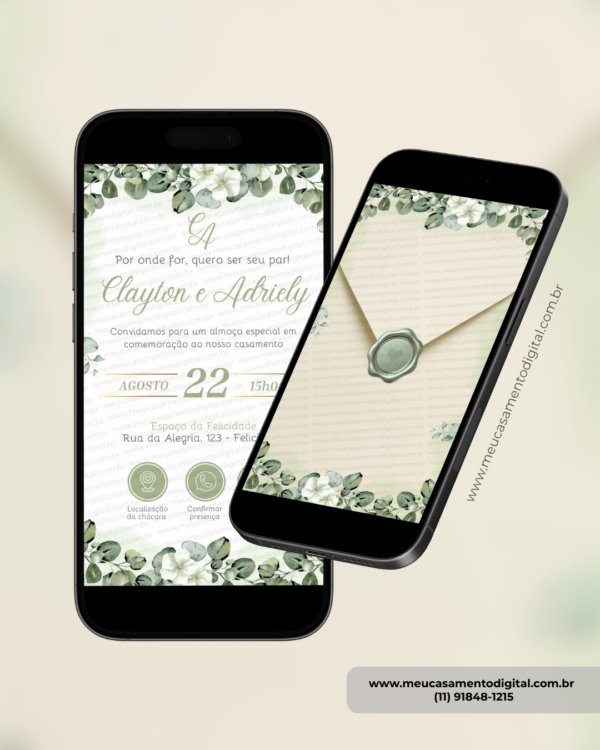 Convite digital interativo de casamento verde floral com envelope digital e botões de confirmação de presença e localização exibido em dois celulares.