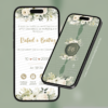 Convite digital interativo de casamento verde oliva com flores brancas, envelope digital e botões de confirmação de presença, lista de presentes e localização exibido em dois celulares.
