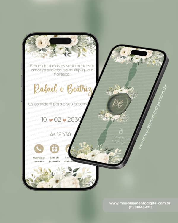 Convite digital interativo de casamento verde oliva com flores brancas, envelope digital e botões de confirmação de presença, lista de presentes e localização exibido em dois celulares.