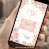 Convite para casamento rosé interativo com envelope digital, flores delicadas e envelope rosé elegante.