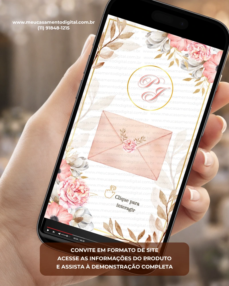 Convite para casamento rosé interativo com envelope digital, flores delicadas e envelope rosé elegante.