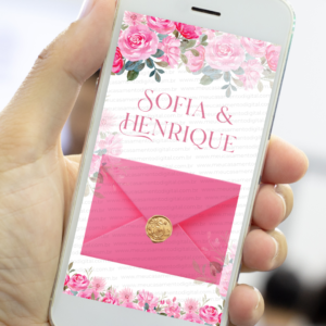 Envelope digital de convite de casamento floral rosa com lacre dourado exibido no celular.