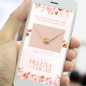 Envelope digital de convite de casamento rosé floral com lacre dourado exibido na tela de um celular.