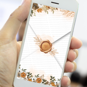 Envelope digital de convite de casamento terracota com lacre e flores exibido no celular.
