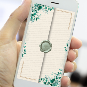 Envelope digital de convite de casamento verde com folhagens e lacre exibido no celular.