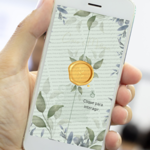 Envelope digital de convite de casamento verde oliva com lacre dourado e folhagens exibido no celular.