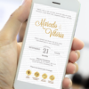 convite branco e dourado para casamento com design elegante e botões interativos para acessar informações do evento.