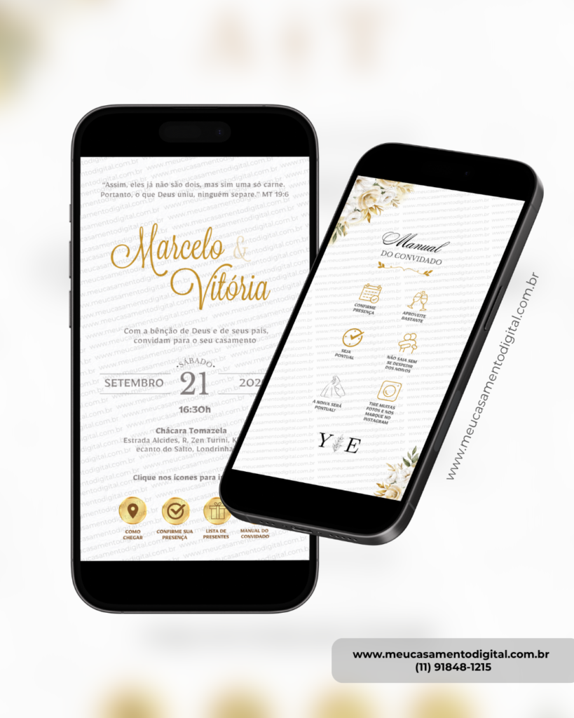 convite interativo branco e dourado para casamento com manual do convidado e botões clicáveis para acessar informações.