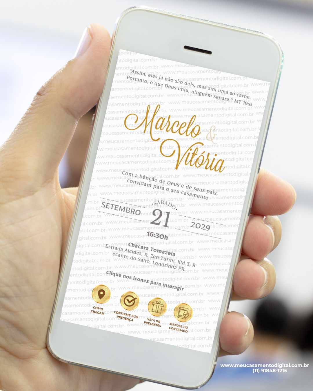 convite branco e dourado para casamento com design elegante e botões interativos para acessar informações do evento.
