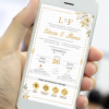 convite de casamento dourado interativo com botões clicáveis para localização, confirmação de presença, lista de presentes e manual do convidado