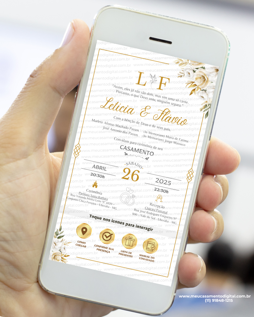 convite de casamento dourado interativo com botões clicáveis para localização, confirmação de presença, lista de presentes e manual do convidado