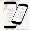 convite interativo de casamento branco e dourado com manual do convidado e botões clicáveis.