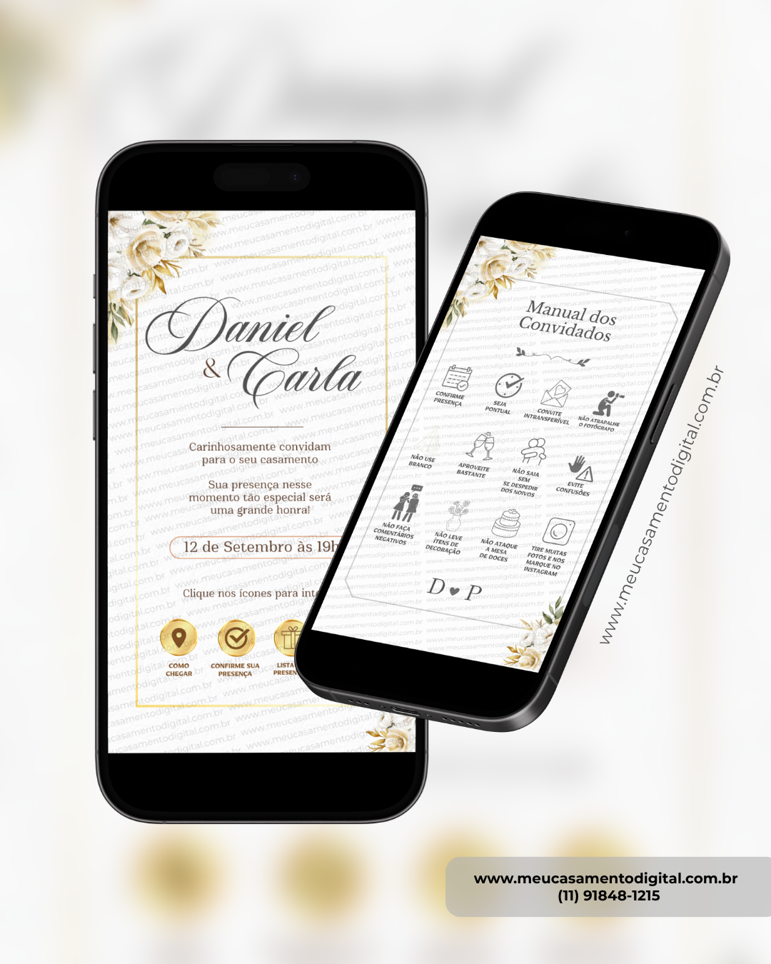 convite interativo de casamento branco e dourado com manual do convidado e botões clicáveis.