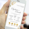 convite interativo de casamento com floral dourado e botões clicáveis.