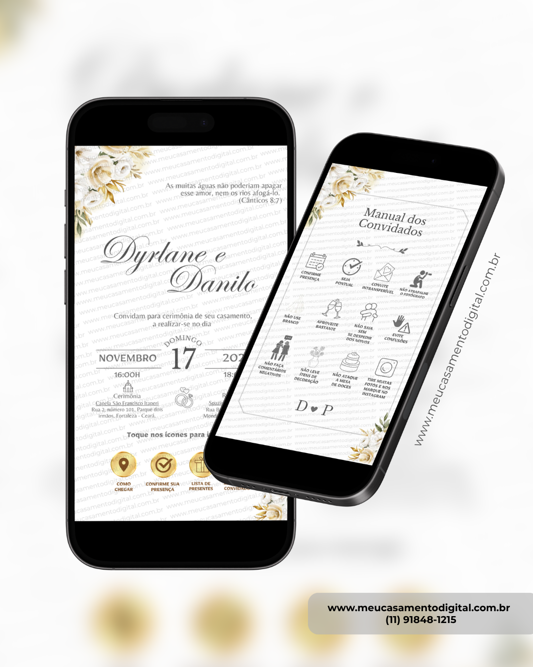 convite interativo de casamento com floral dourado e manual do convidado.