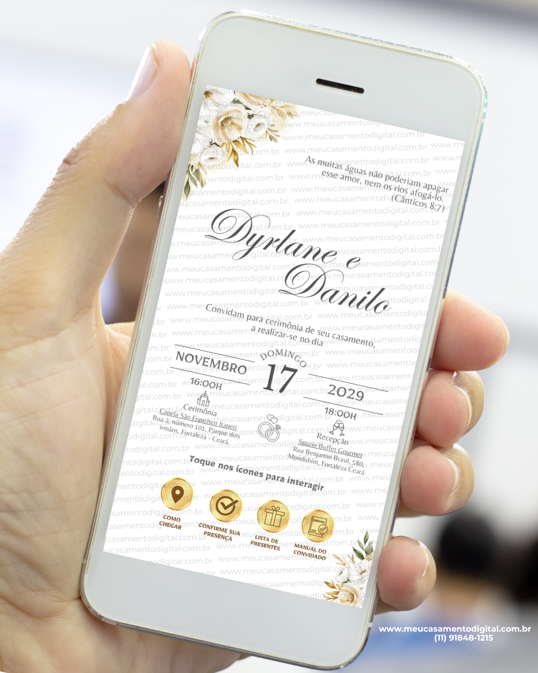 convite interativo de casamento com floral dourado e botões clicáveis.