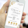 convite interativo de casamento dourado e branco com botões clicáveis e design elegante.