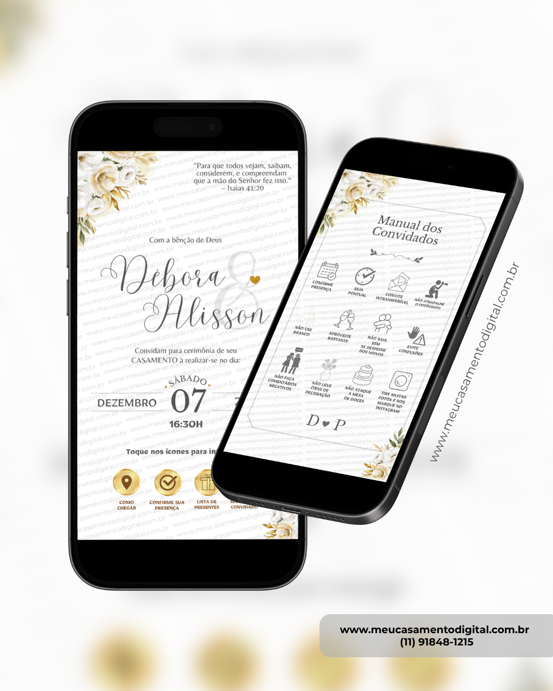 convite interativo de casamento dourado e branco com manual do convidado e botões clicáveis.