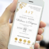 convite dourado e branco para casamento com design elegante e botões interativos para acessar informações do evento.