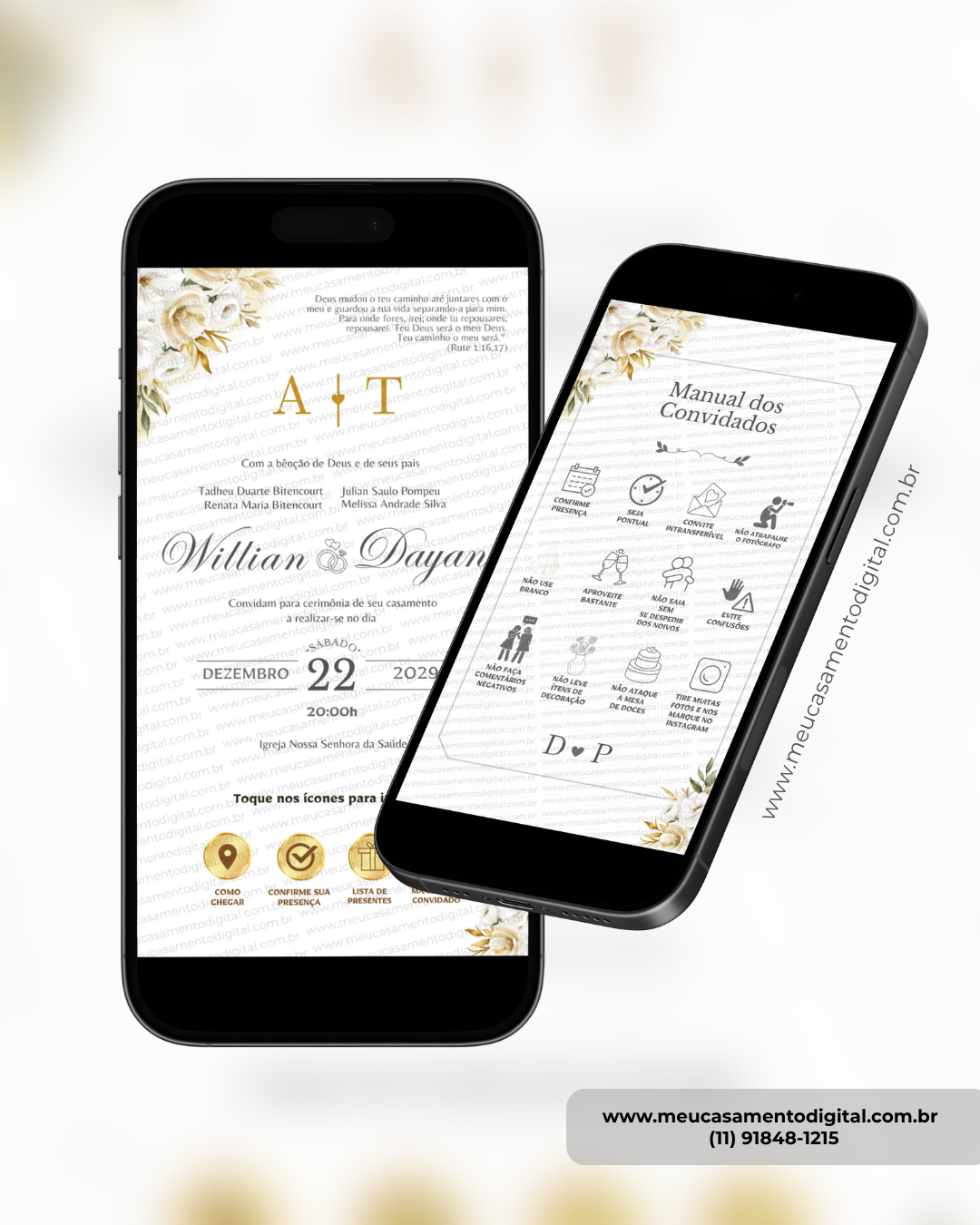 convite interativo de casamento dourado e branco com manual do convidado e botões clicáveis para informações do evento.