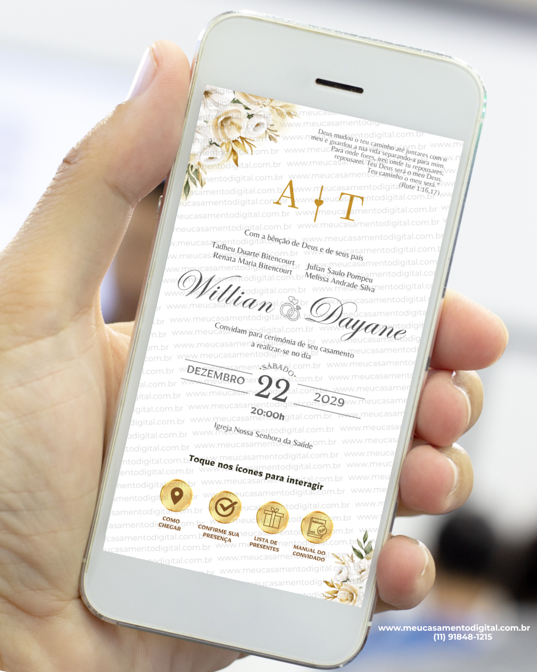 convite dourado e branco para casamento com design elegante e botões interativos para acessar informações do evento.