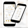 convite de casamento dourado interativo com manual do convidado e botões clicáveis para localização, presença e lista de presentes.