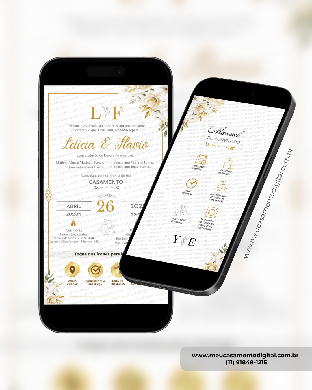 convite de casamento dourado interativo com manual do convidado e botões clicáveis para localização, presença e lista de presentes.
