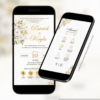 convite interativo de casamento branco e dourado com manual do convidado e botões clicáveis para localização, presença e lista de presentes.