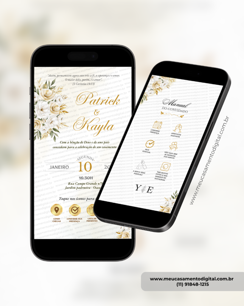 convite interativo de casamento branco e dourado com manual do convidado e botões clicáveis para localização, presença e lista de presentes.