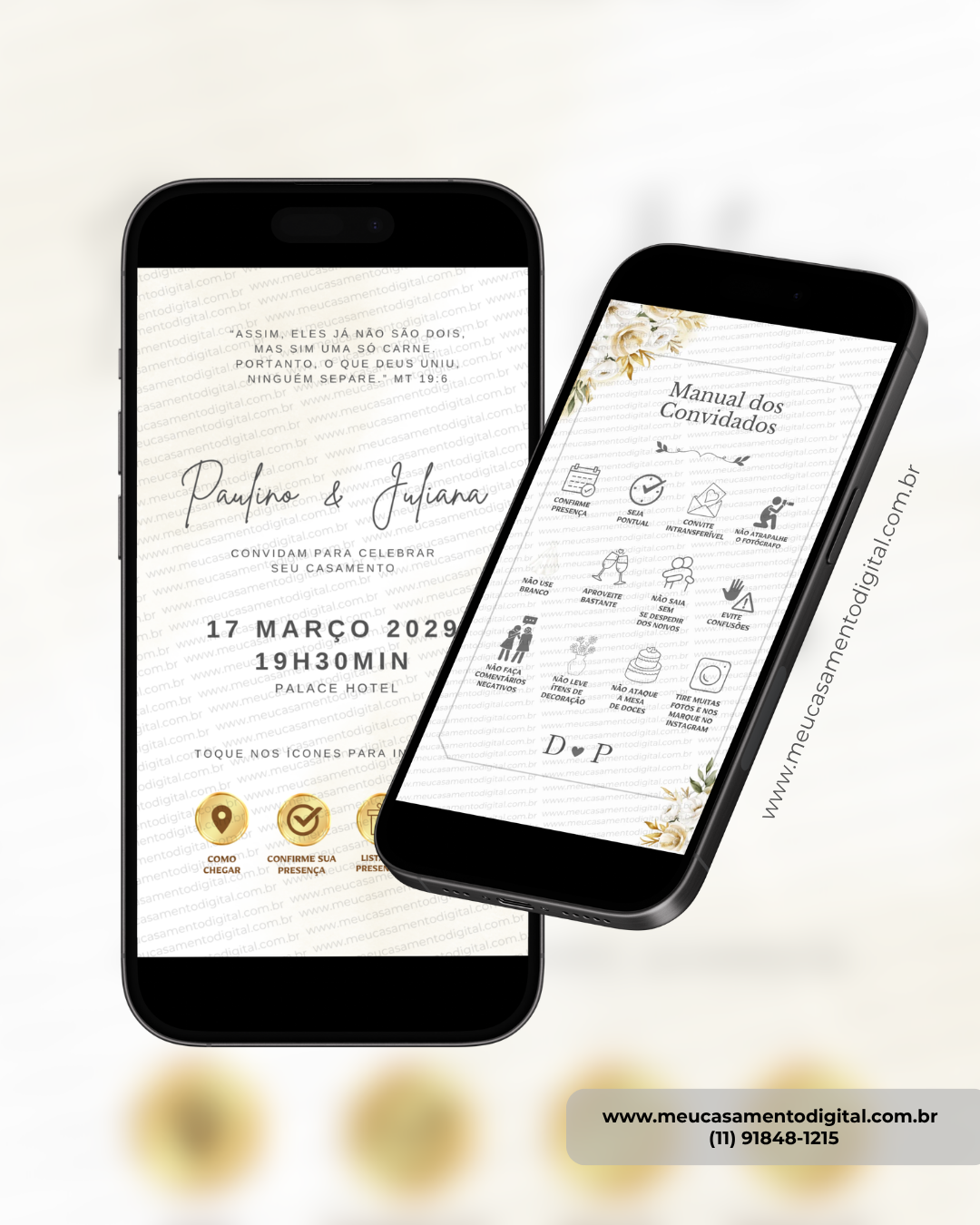 convite interativo de casamento branco e dourado com manual do convidado e botões clicáveis