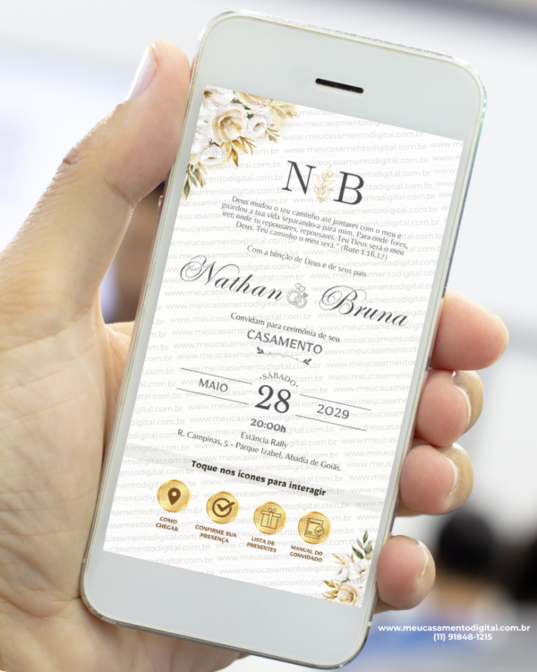 convite interativo de casamento dourado e branco com botões clicáveis para localização, presença, lista de presentes e manual do convidado.