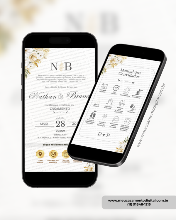 convite interativo de casamento dourado e branco com manual dos convidados e botões clicáveis para acesso às informações do evento.