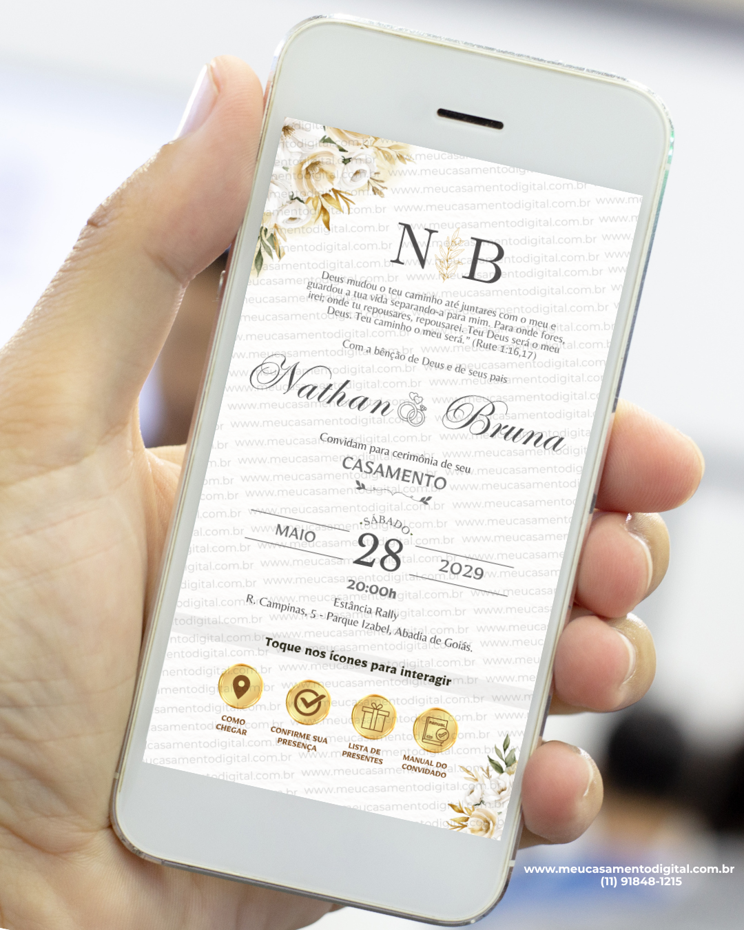 convite interativo de casamento dourado e branco com botões clicáveis para localização, presença, lista de presentes e manual do convidado.