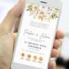 convite interativo para casamento dourado e branco com botões clicáveis e design elegante. Exibido em um celular.