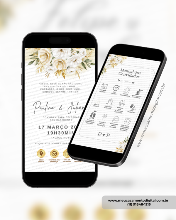 convite interativo de casamento dourado e branco com manual do convidado e botões clicáveis.