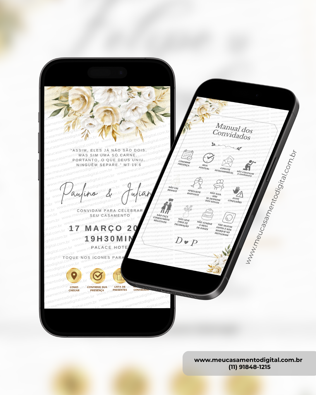 convite interativo de casamento dourado e branco com manual do convidado e botões clicáveis.