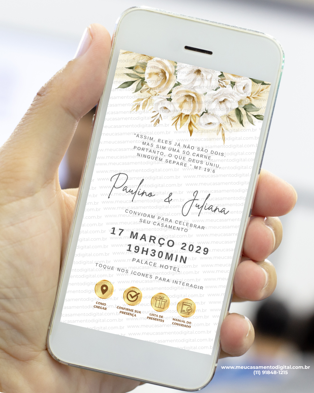 convite interativo para casamento dourado e branco com botões clicáveis e design elegante. Exibido em um celular.