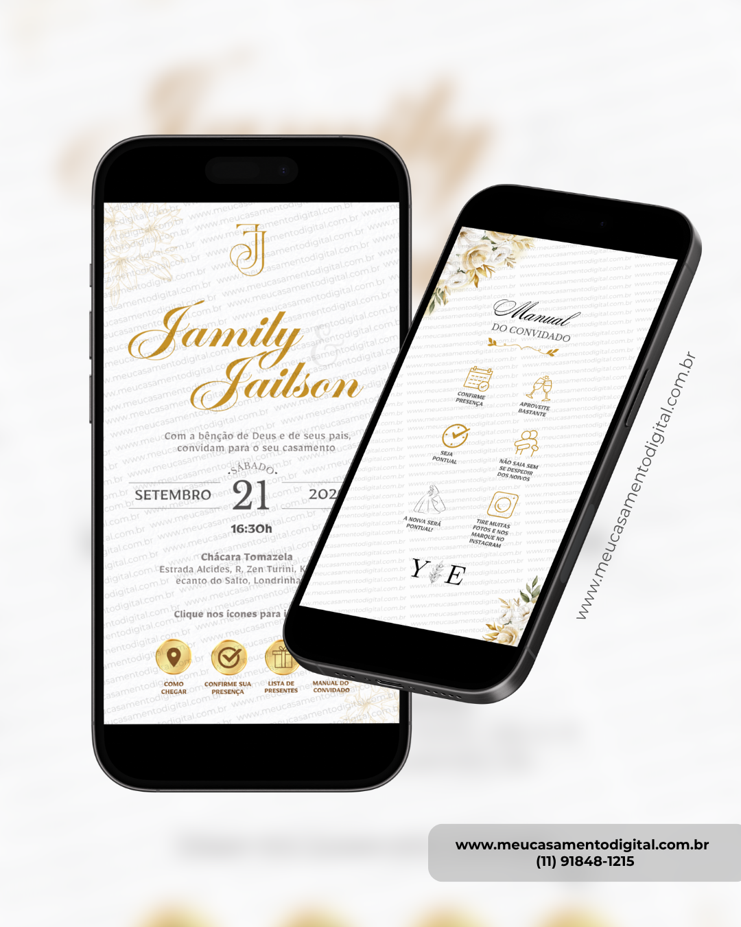 convite interativo branco e dourado para casamento com manual do convidado e botões clicáveis para acessar informações.