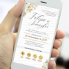 convite interativo dourado e branco para casamento com botões clicáveis e design elegante. Exibido na tela de um celular.