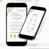 convite interativo de casamento dourado e branco com manual do convidado e botões clicáveis.