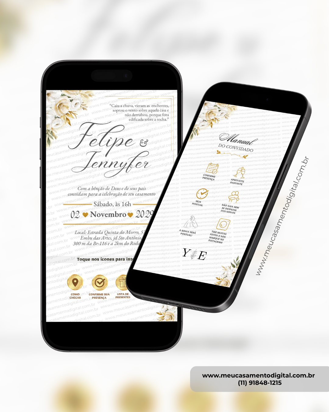 convite interativo de casamento dourado e branco com manual do convidado e botões clicáveis.