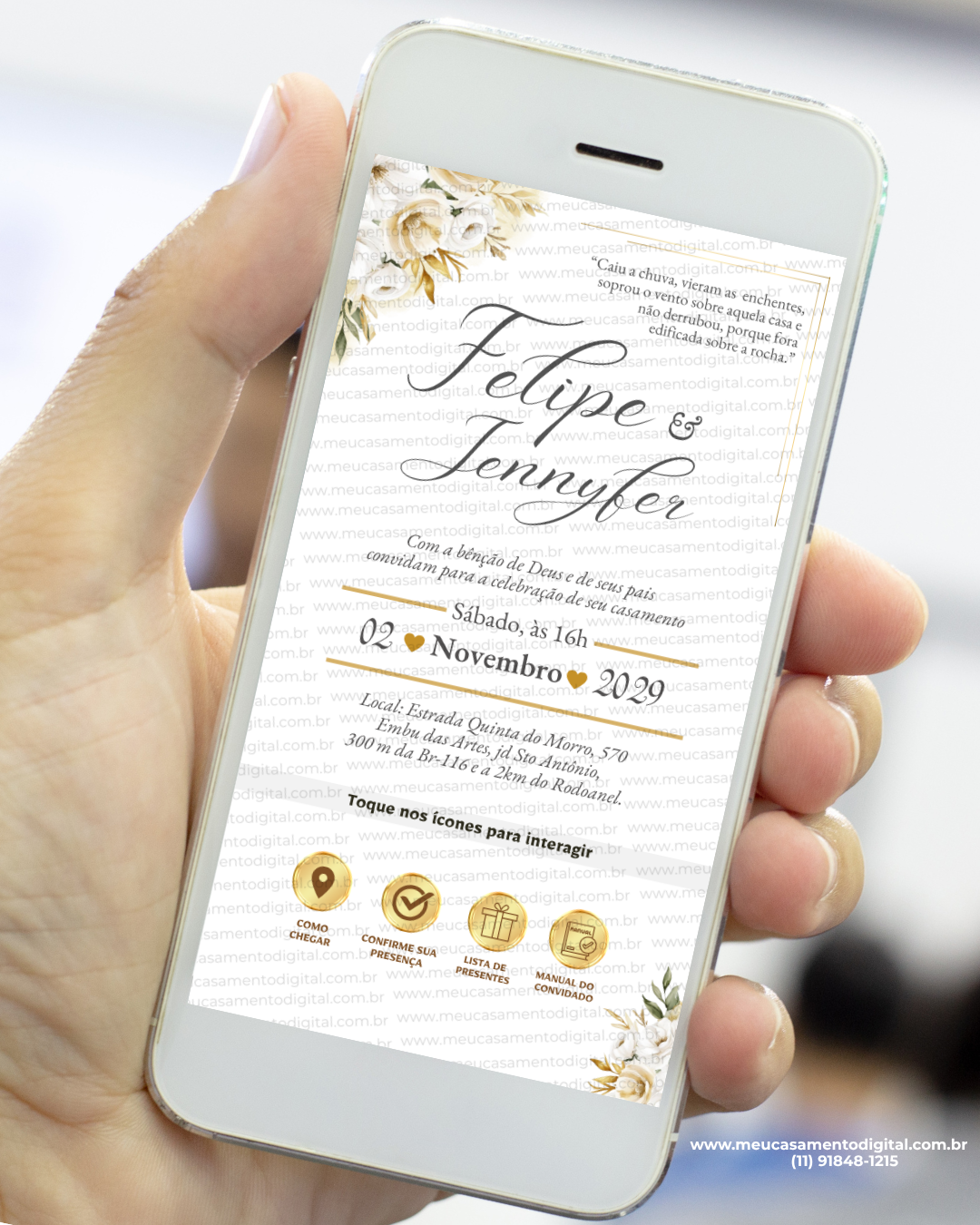 convite interativo dourado e branco para casamento com botões clicáveis e design elegante. Exibido na tela de um celular.