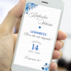 Lembrete azul para casamento exibido na tela de um celular, com flores azuis no canto superior e inferior, nomes dos noivos em destaque e data do evento centralizada com tipografia elegante.