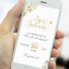 Lembrete digital de casamento dourado delicado com flores em fundo claro exibido no celular para lembrar os convidados da data.