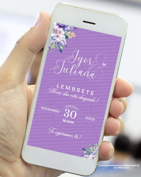 lembrete de casamento lilás com flores delicadas exibido no celular